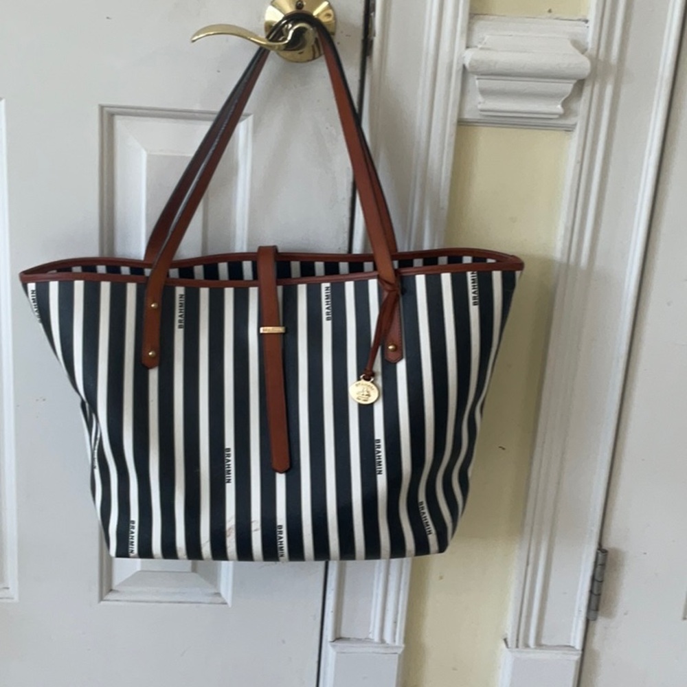 BrahminBlack and White Striped Tote Bag - Picture 2 of 12